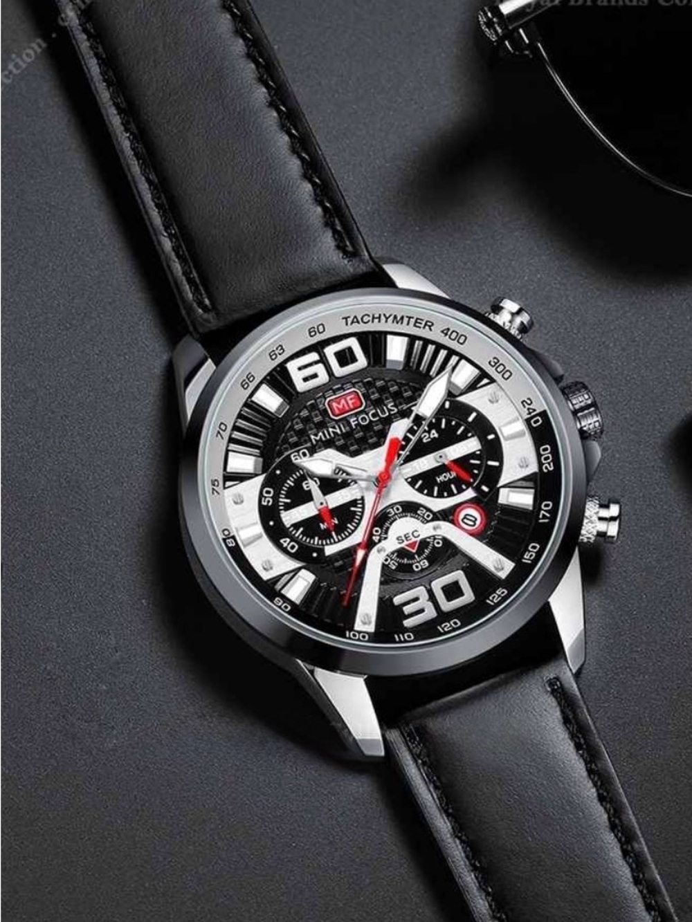 MINI FOCUS Watch. Men’s Chronograph. Black, Silver and red. Leather band.